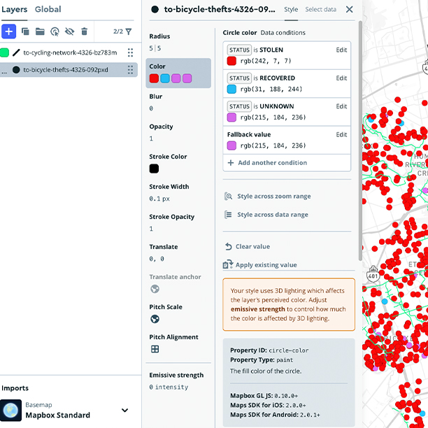 Diving deeper into mapbox and styling new datasets- bicycle thefts in Toronto VS bicycle routes and collection stations